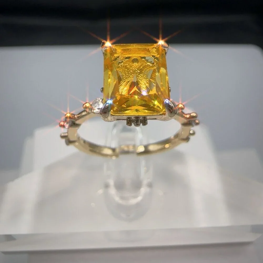 Yellow CZ Radiant Cut Ring Gold Plated Brass Size 9 Fashion Jewelry - Picture 13 of 14